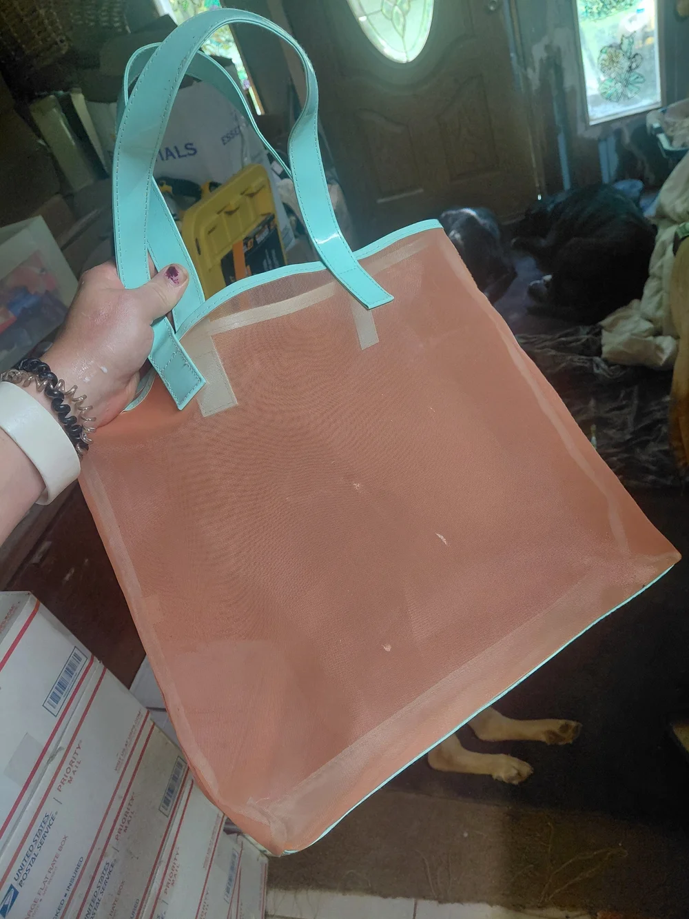 peach-colored mesh tote bag from the Clinique 